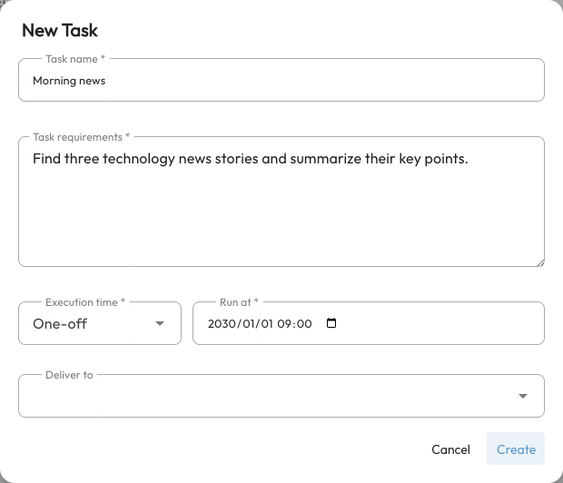 Current future task creation dialog