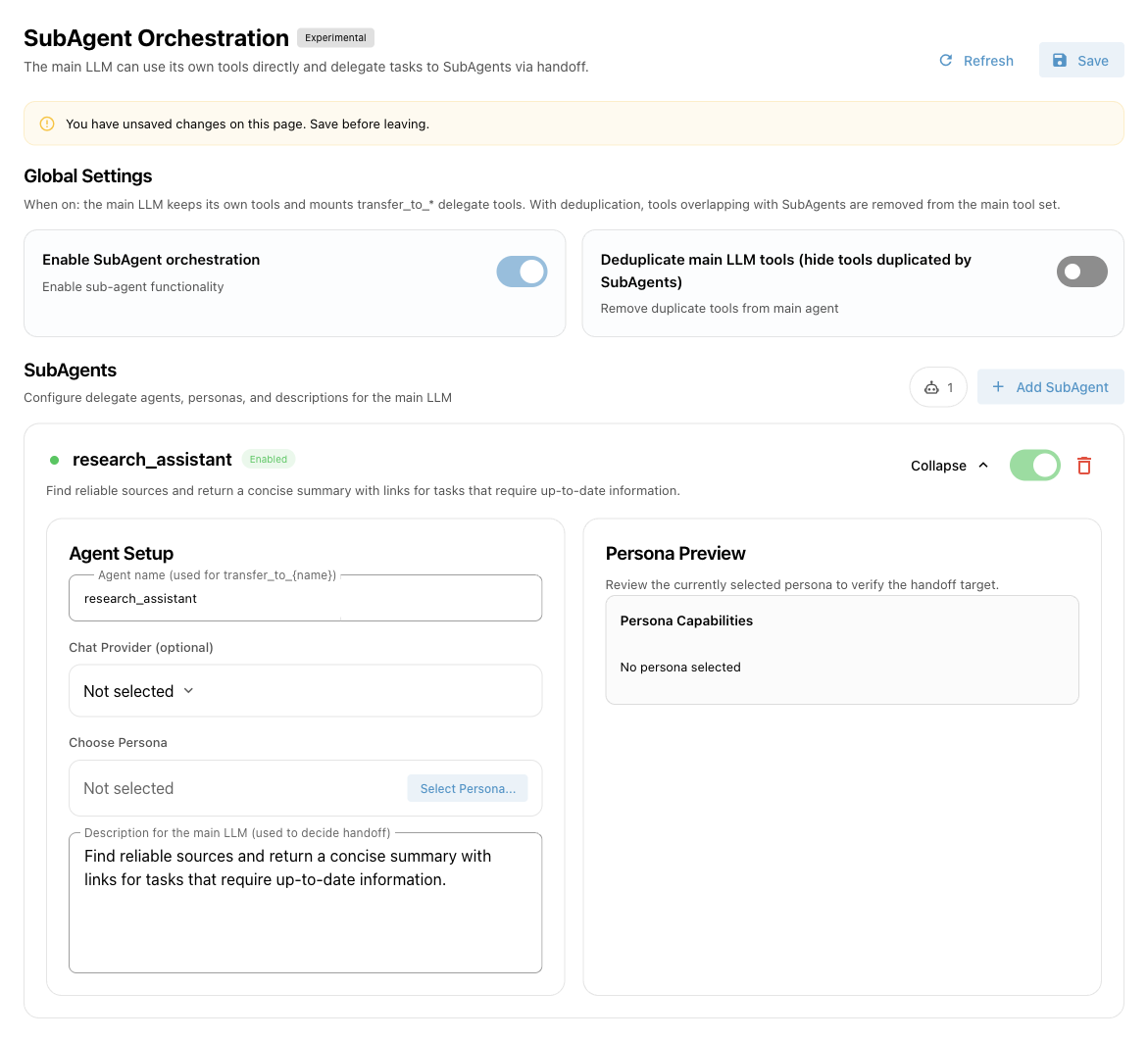 Current SubAgent configuration page
